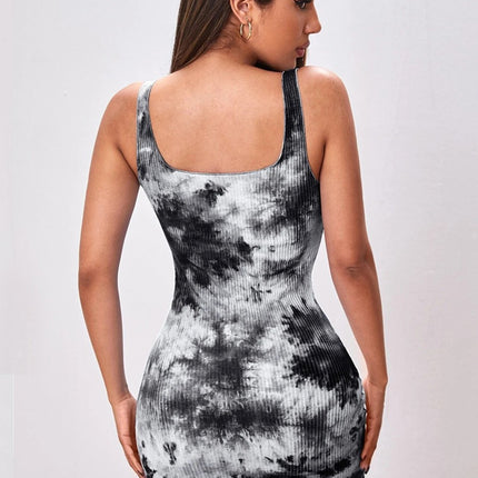 Onbely robe courte tie and dye imprimé à fleurie coton bretelle col carré cintrée mode tous les jours vacances