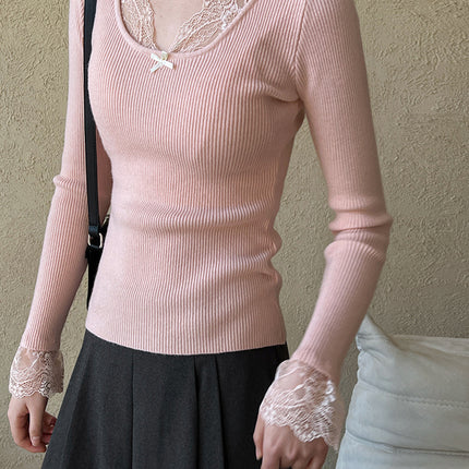 Onbely pull en maille dentelle Col en V manches évasées femme élégant