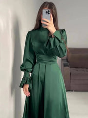Onbely robe longue en satin femme élégante douce col roulé à volants manches bouffantes soirée anniversaire cérémonie