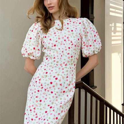 Onbely robe longue fleurs sirène col rond manches bouffantes manches courtes cintrée doux tous les jours bureau