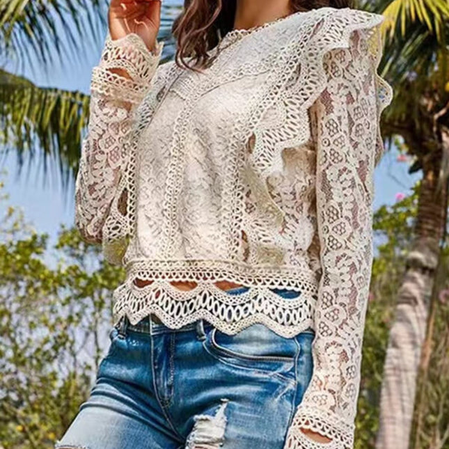 Onbely hauts broderie anglaise avec fermeture éclair col rond élégant femme