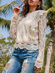 Onbely hauts broderie anglaise avec fermeture éclair col rond élégant femme