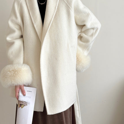 Onbely manteau en laine courte fausse fourrure avec ceinture pour femme