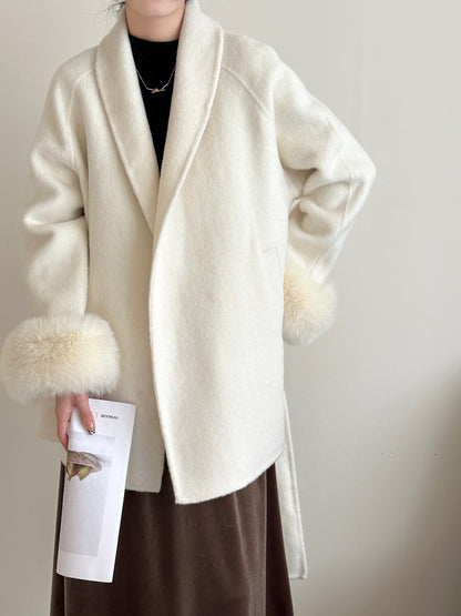 Onbely manteau en laine courte fausse fourrure avec ceinture pour femme
