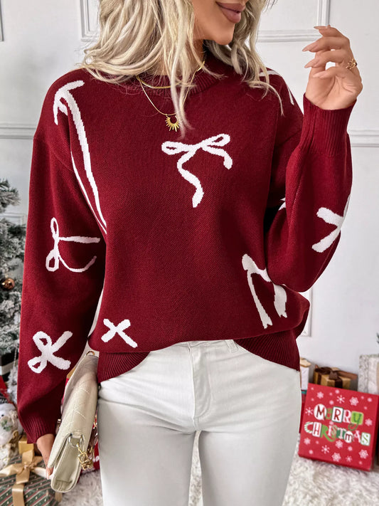 Pull de Noël rouge à col rond et manches longues avec nœud