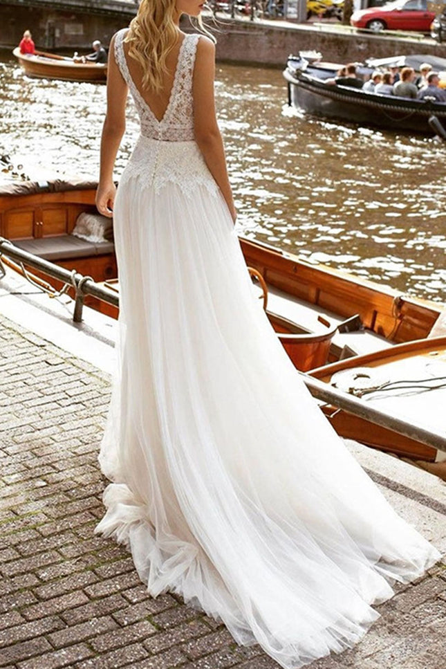 Onbely robe maxi longue de mariée princesse Col en V bohème boho dress