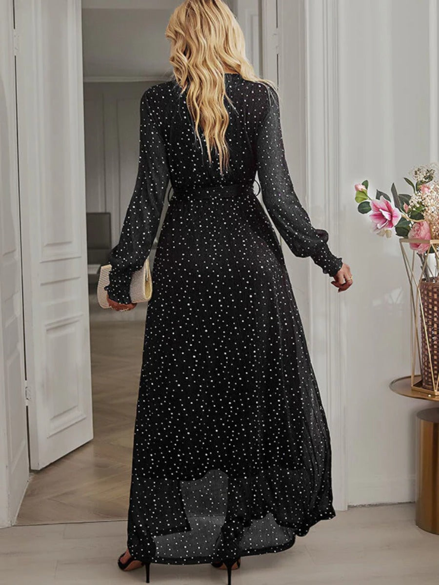 Onbely robe longue fendu le côté brillante paillette ceinture v-cou manches longues élégant de soirée pour mariage