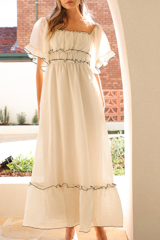 Onbely robe longue liseré noir col carré bal de promo beige boho dress