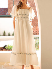 Onbely long dress with black trim, square neck, beige prom