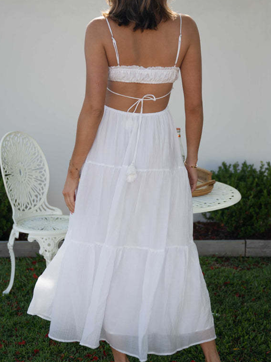 Onbely Robe longue unicolore strappy à fines brides bustier dos nu vacances
