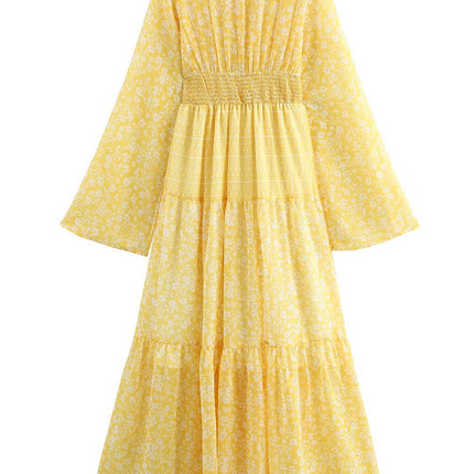 Onbely Robe Longue mousseline imprimé à fleurie Manches Longues Jaune boho dress