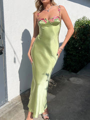 Onbely Green Long Evening Dress in Embroidered Satin with Thin Straps for Prom and Wedding