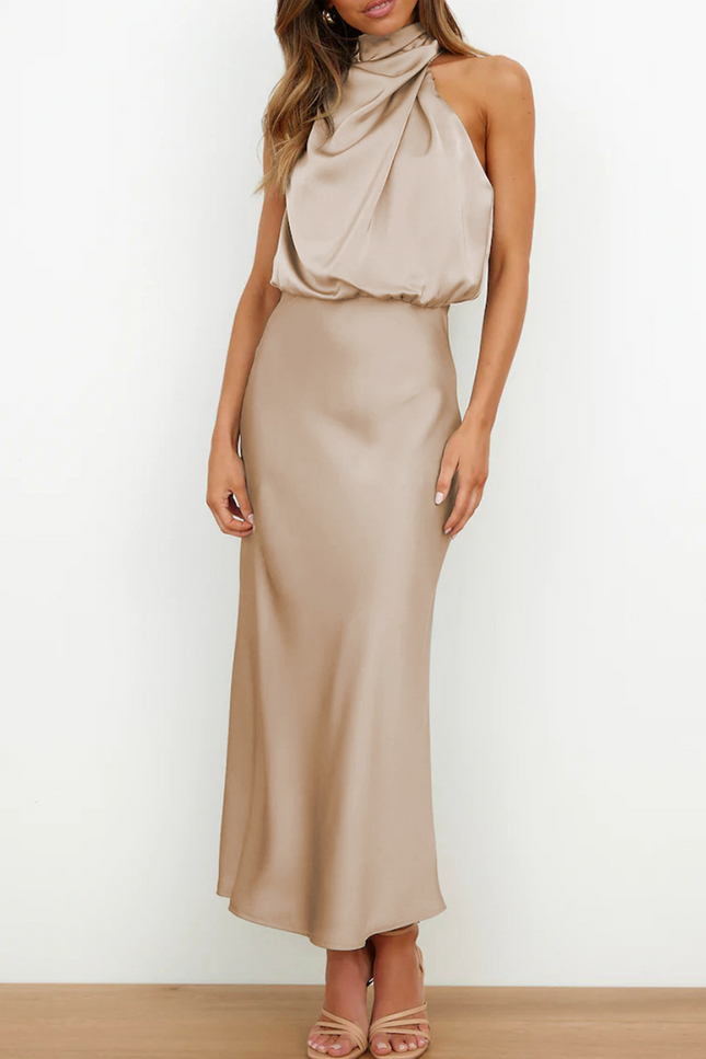 Onbely mi-longue robe unicolore satin sans manches taille haute élégant invité mariage