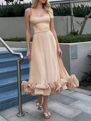 Onbely Strapless Long Dress with Thin Straps and Ruffles, Elegant and Soft for Cocktail and Prom