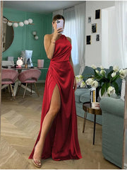 Onbely robe longue en satin moulante une épaule fendue sur le côté dos nu sans manches femme élégante de soirée