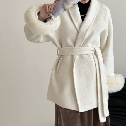 Onbely manteau en laine courte fausse fourrure avec ceinture pour femme