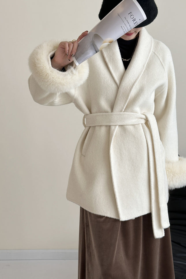 Onbely manteau en laine courte fausse fourrure avec ceinture pour femme