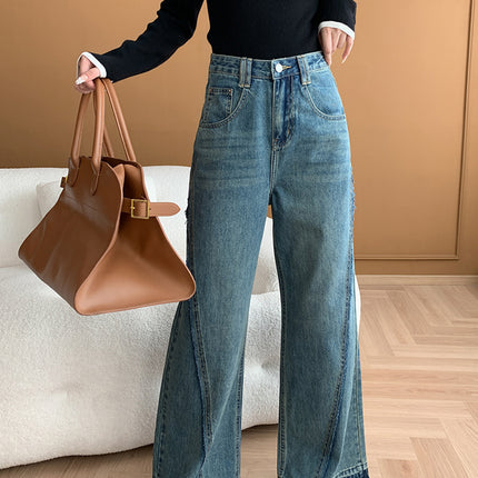 Onbely Jeans Longs Flare Évasé Vintage pour Femme avec Poches et Fermeture Éclair