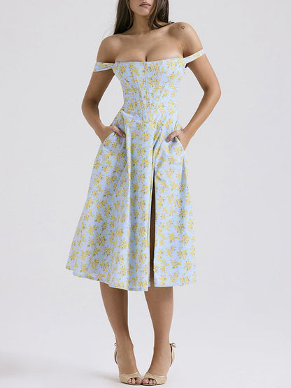 Onbely mi-longue robe trapèze imprimé à fleurie fendu le côté bustier dos nu à fines brides doux vacances tous les jours