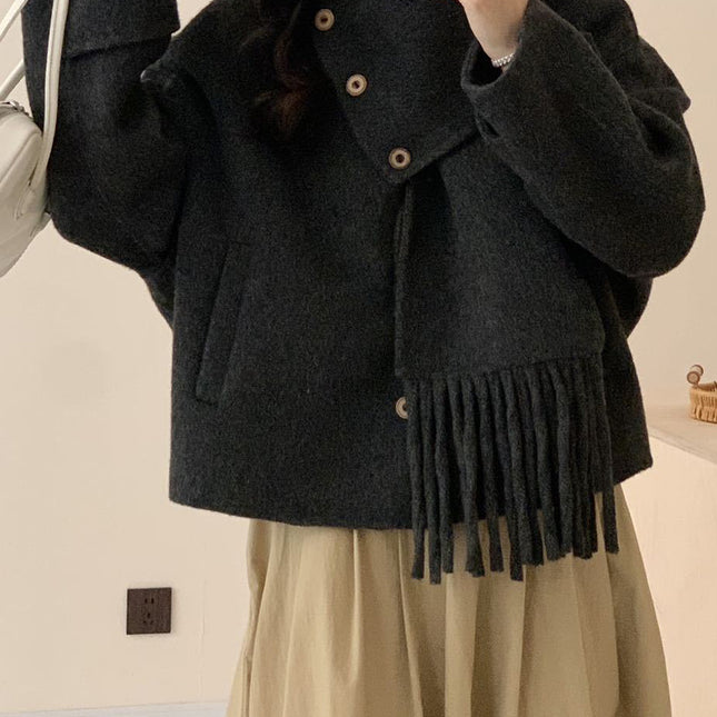 Onbely manteau en laine avec frange écharpe pour femme