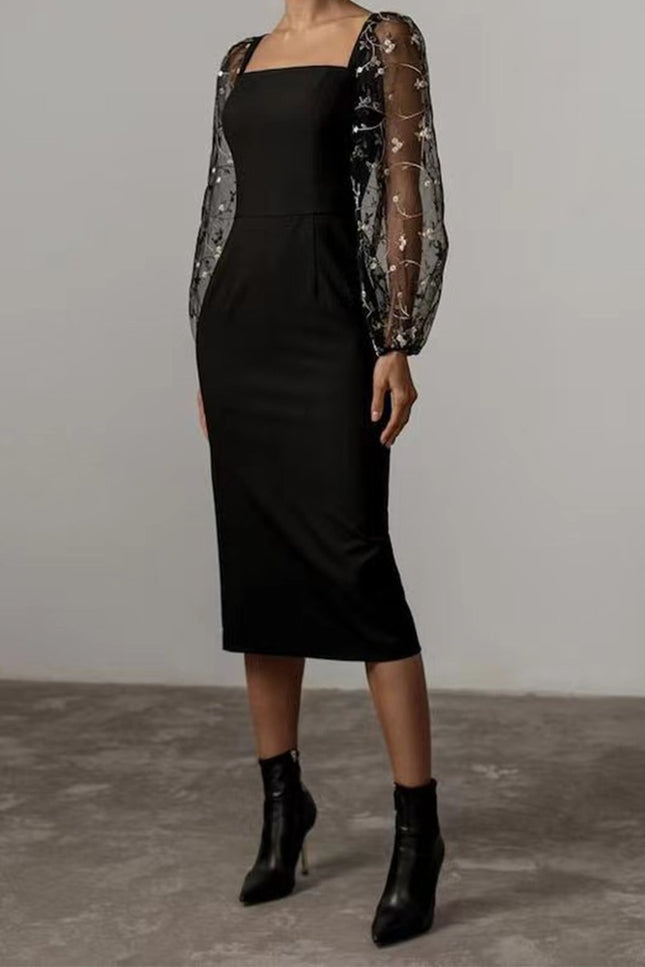 Onbely mi-longue robe moulante col carré manches longues cocktail