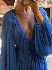Onbely robe longue mousseline décolleté plongeant manches longues femme décontractée ample de plage