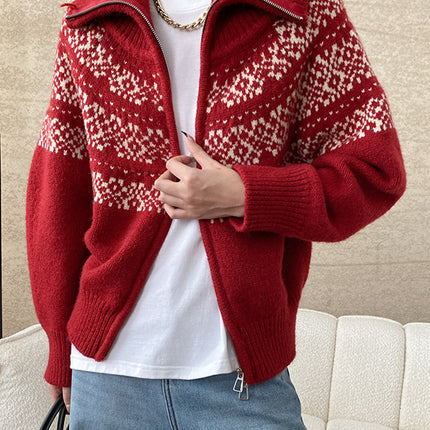 Onbely pull jacquard fermeture éclair pour femme vintage noël