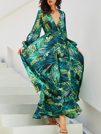 Onbely robe longue vert mousseline imprimée tropicale feuille - onbely
