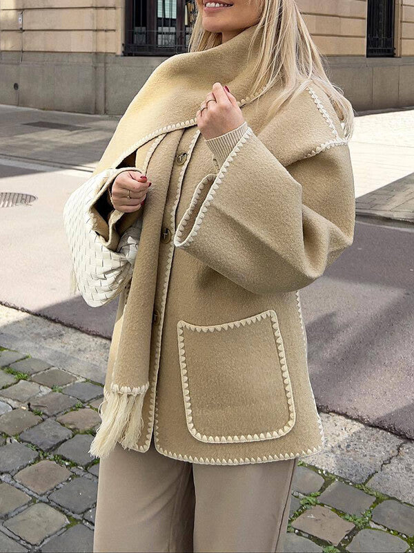 Onbely manteau en laine mode avec frange écharpe femme - onbely