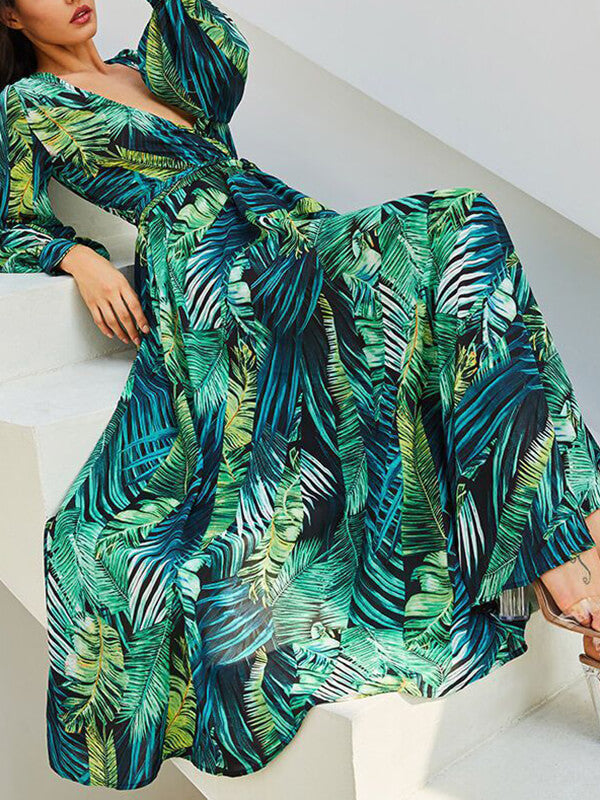 Onbely robe longue vert mousseline imprimée tropicale feuille - onbely