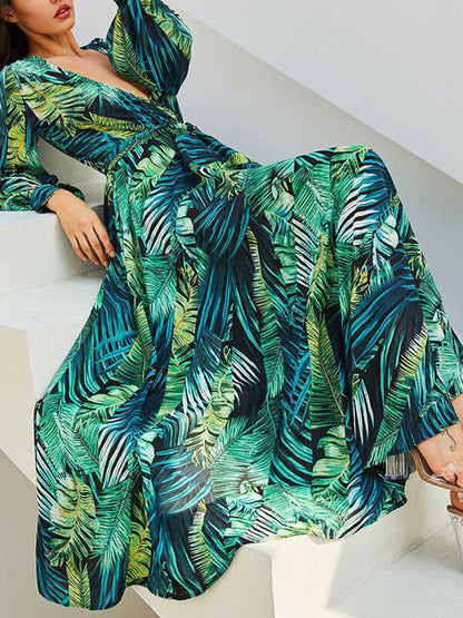 Onbely robe longue vert mousseline imprimée tropicale feuille - onbely