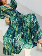 Onbely robe longue vert mousseline imprimée tropicale feuille