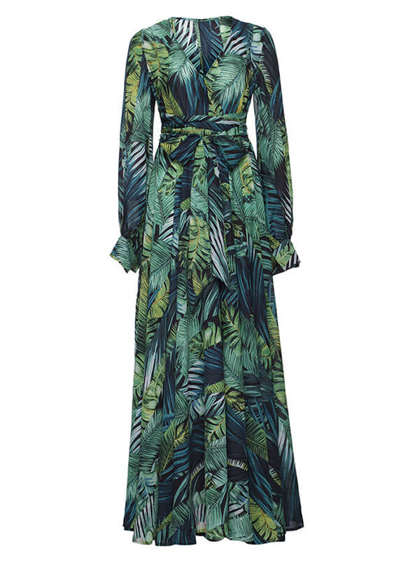 Onbely robe longue vert mousseline imprimée tropicale feuille