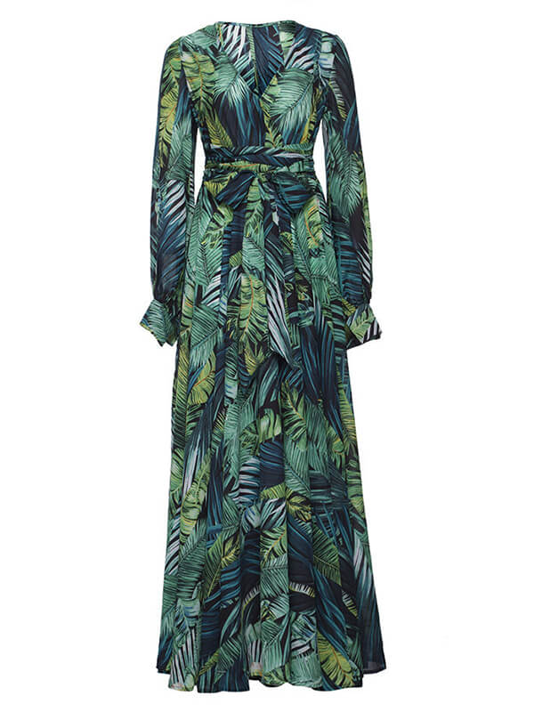 Onbely robe longue vert mousseline imprimée tropicale feuille - onbely
