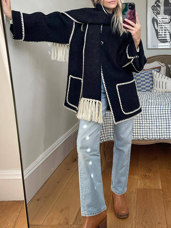 Onbely manteau en laine mode avec frange écharpe femme - onbely