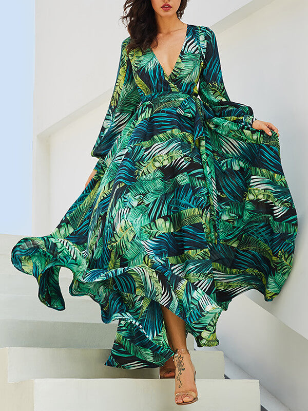 Onbely robe longue vert mousseline imprimée tropicale feuille - onbely