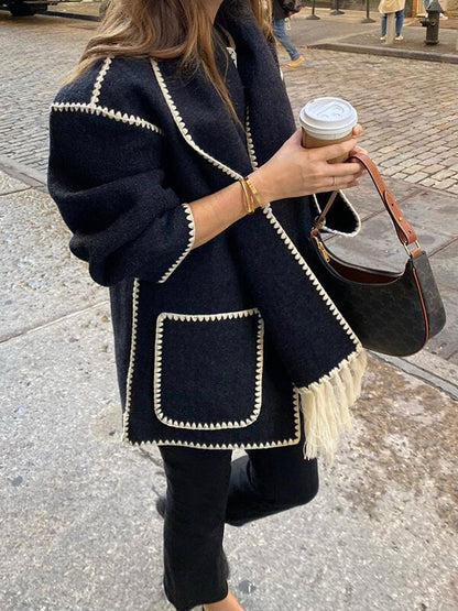 Onbely manteau en laine mode avec frange écharpe femme - onbely