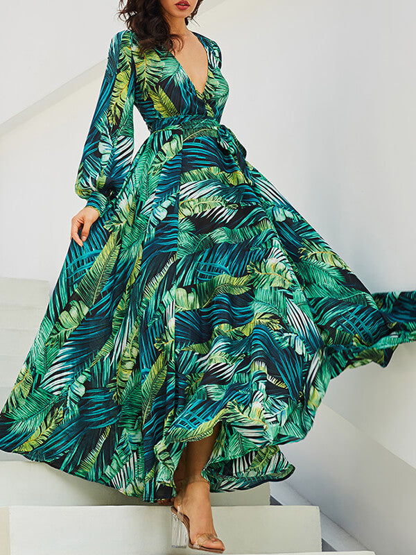 Onbely robe longue vert mousseline imprimée tropicale feuille - onbely