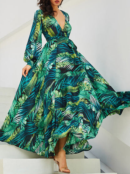 Onbely robe longue vert mousseline imprimée tropicale feuille - onbely